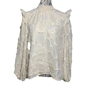 Whimsical Fuzzy Burnout Flower Prairie Blouse Antique Ivory Women’s Sz M